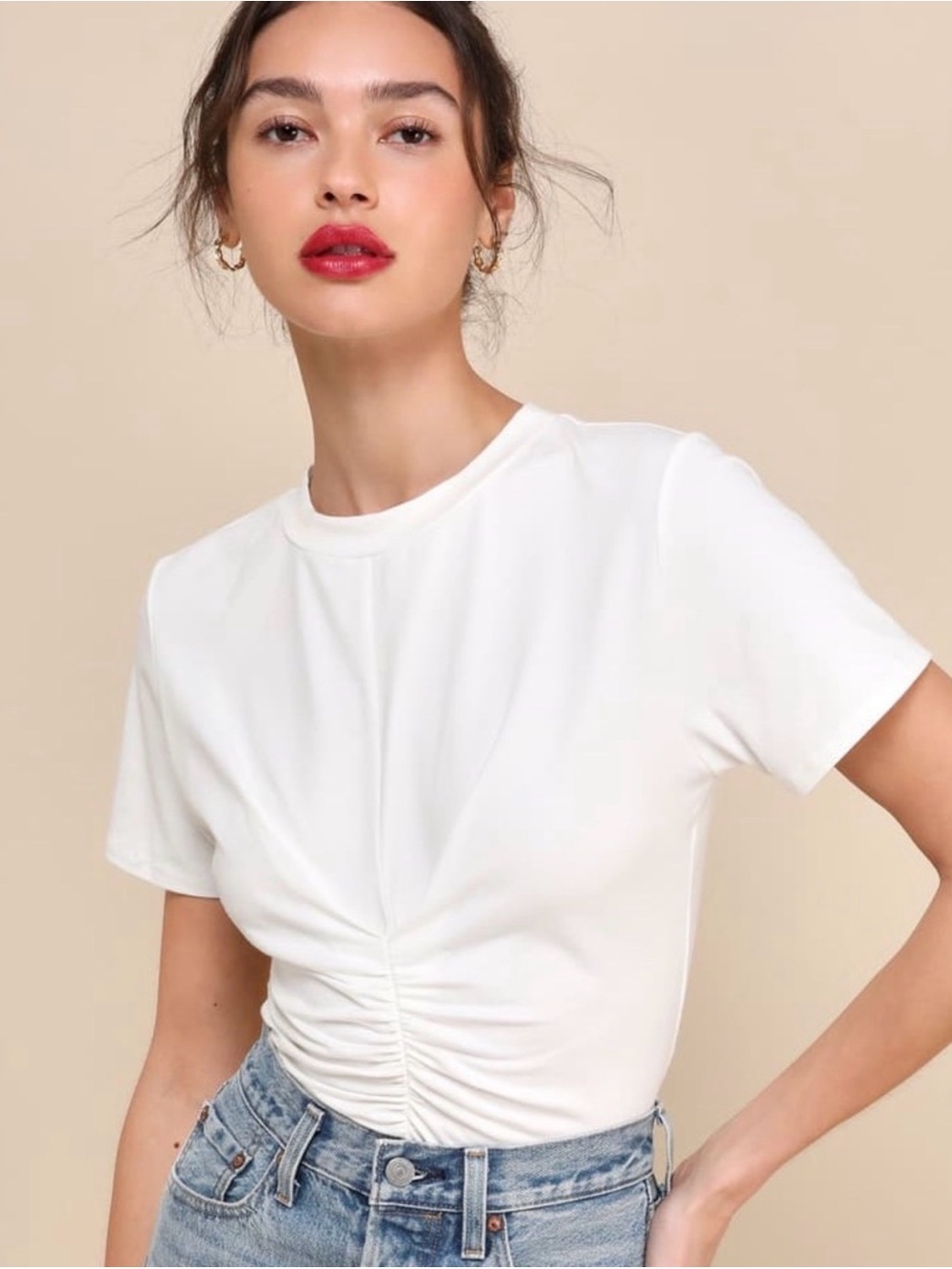 NWT Lulus Simply a Vibe Ivory Ruched Short Sleeve Crew Neck Top Size m